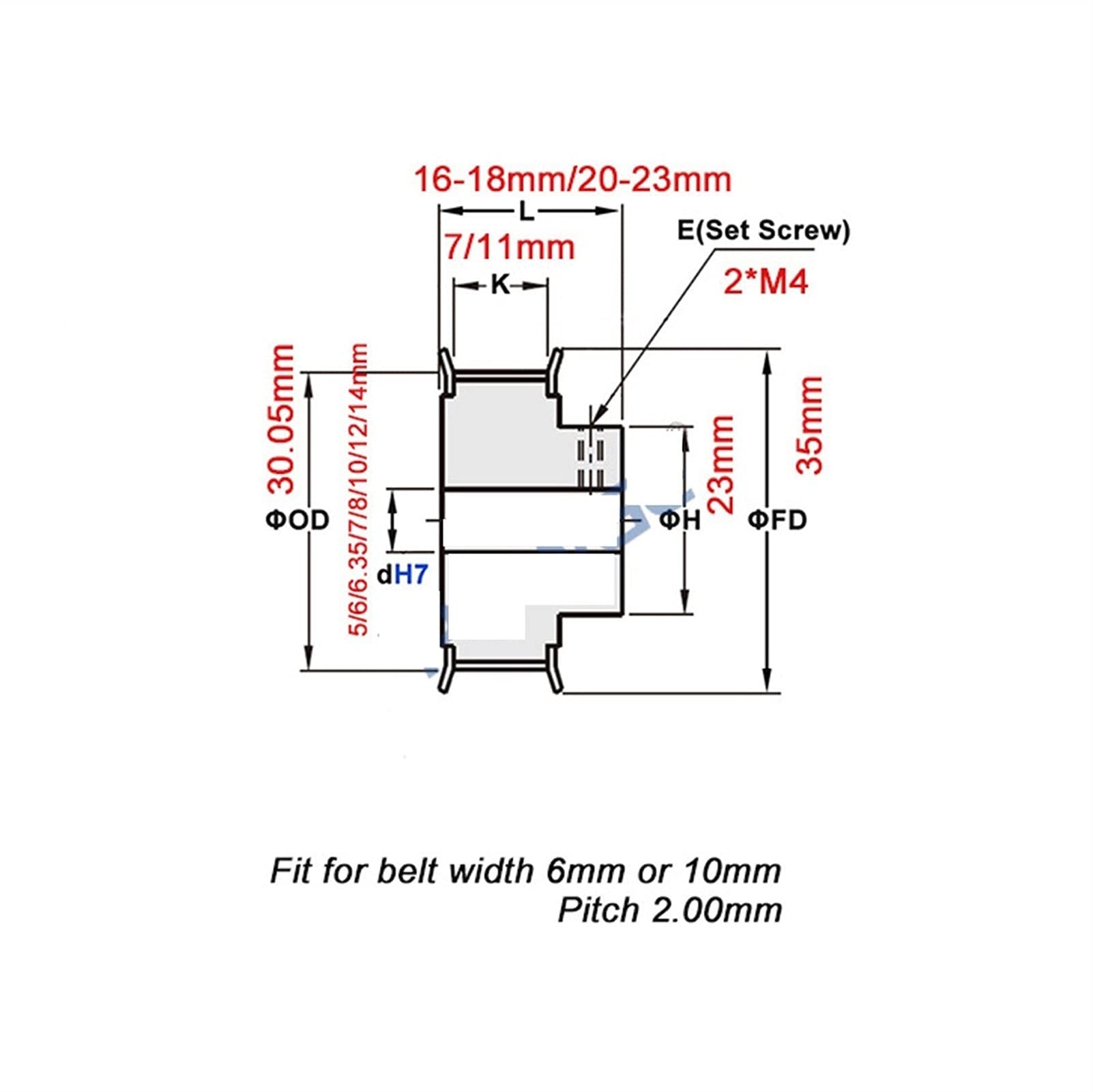 Timing Pulley 48 Teeth 2M 2GT Timing Pulley, Bore 5/6/6.35/7/8/10/12/14mm, for GT2 Open Synchronous Belt Width 6/9/10/15mm, Wheel 48Teeth 48T (NO.1308)(Belt Width 10mm,Bore 6mm)