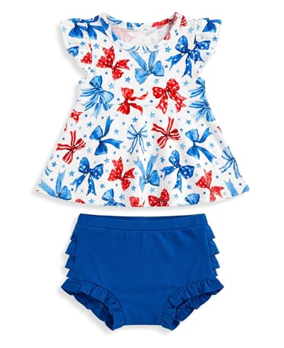 EASWEET Bamboo Viscose Baby Girl Outfit Cap Sleeve Top with Bloomers 2 Piece Baby Girl Clothing Set, Bowtie, 12-18 Months