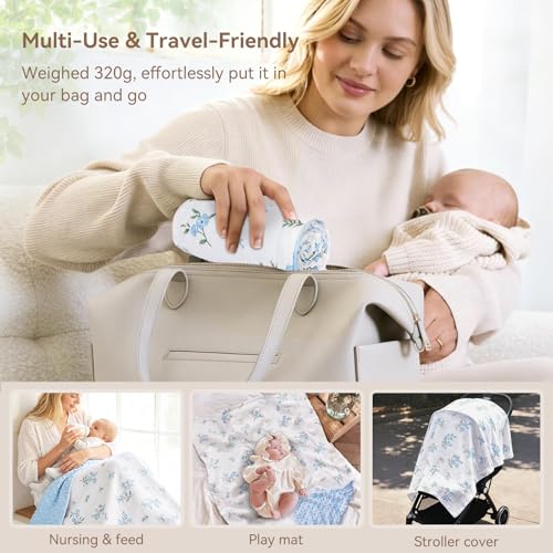 Image of BOPRIO Baby Blankets for Unisex Boys Girls Super Soft Nursery Minky Blankets with Breathable Muslin Cotton Front and 3D Touch Dotted Fleece Backing, Blue Floral Printed Bed Throws Newborn 30 x 40 Inch