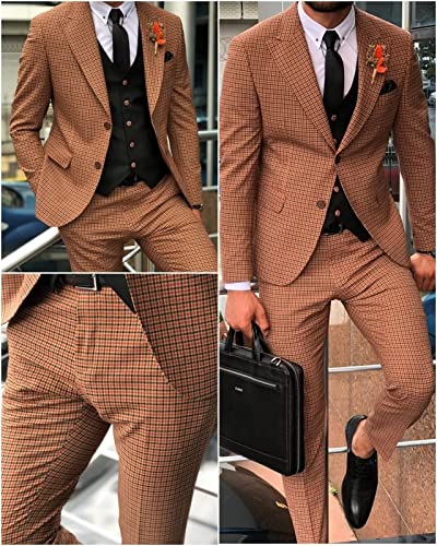 Wangyue Men's Vintage Plaid Suit Slim Fit 3 Piece Suits Jacket Vest Pants for Wedding Prom2