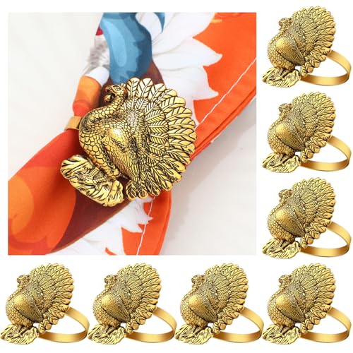 Willbond JIZH-WILLBOND-3439 12 Pcs Turkey Bird Gold Napkin Ring Thanksgiving Turkey Napkin Ring Fall Metal Napkin Holders Gold Serviette Buckles cover
