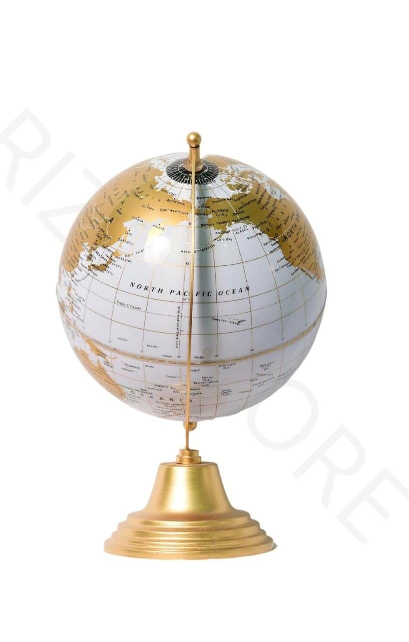 The Nautical Hub 8 Inches White Gold Premium Decorative Rotating Globe with Metal Arc and Base/World Globe/Home Decor/Office Décor