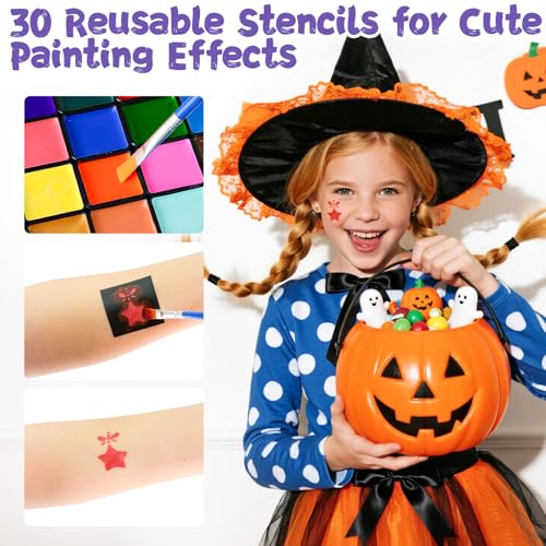 ENJSD Face Paint, Face Paint for Kids and Adults, Water Based Non-Toxic 18 Color with 5 Brushes 30 Stencils, Easily Washable Safe Body Painting for Halloween Makeup and Cosplay - Image 5