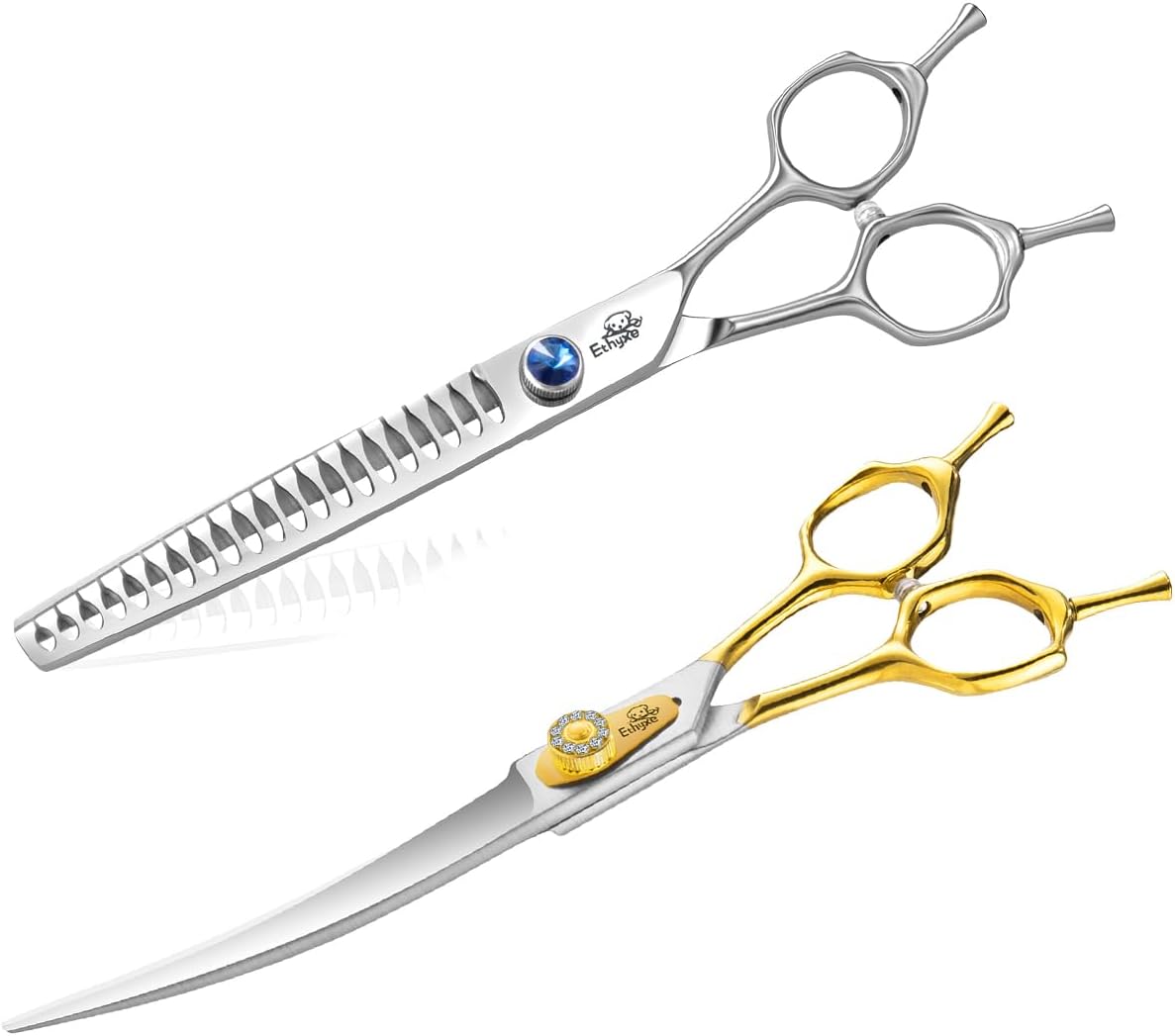 7" 21-Teeth Chunkers Dog Grooming Scissors & ETHYXE 7 Inch Curved Grooming Scissors for Dogs and Pets