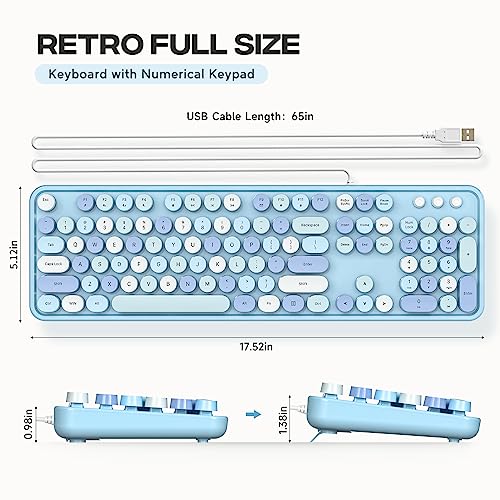 Image of Atelus USB Wired Computer Keyboard - Retro Typewriter Keyboard - Full Size Office Keyboard with Number Pad, Caps Indicators, Foldable Stands, for PC Laptop Desktop Windows (Blue Colorful)