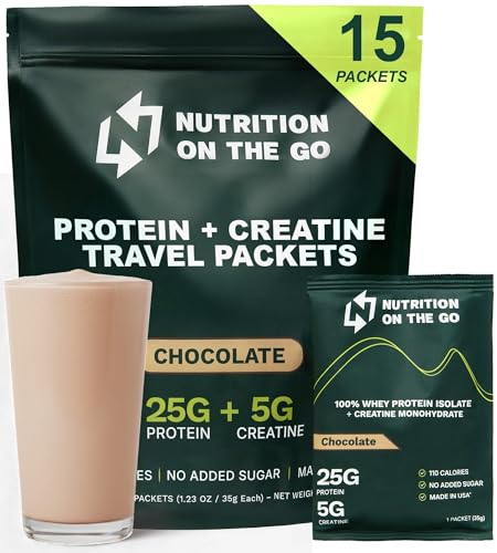 Nutrition On The Go Whey Protein Isolate Packets with Creatine – 25g Protein + 5g Creatine – Single-Serve Travel Protein Powder – Chocolate (15-Pack)