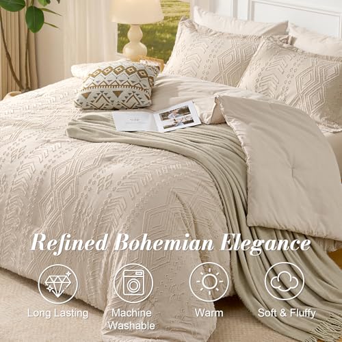 Image of Queen Comforter Set - Bed in a Bag Boho Summer Bed Set, 7 Pieces Soft Fluffy Lightweight Queen Comforter for All Seasons,Gifts for Woman, Farmhouse Shabby Chic Embroidered Bedding
