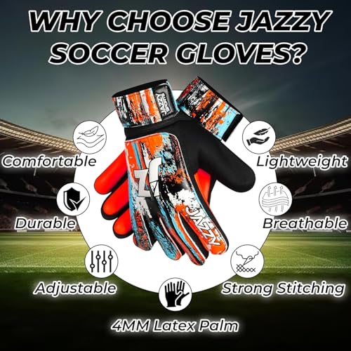 Jazzy Sports Soccer Goalie Gloves for Kids, Youth Goalkeeper Gloves Anti Slip 4mm Latex Palm with Strong Grip Double Wrist Protection (Orange, Size 5 Suitable for 9-12 Years)