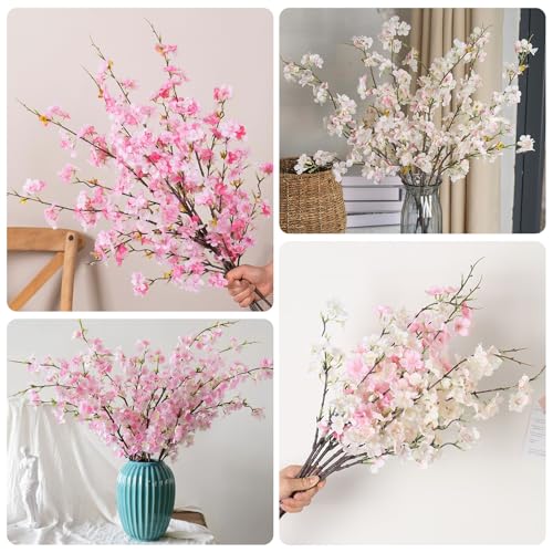 造花 4本束 桜の花 桜の枝 人工桜 さくら シルク 枯れない フェイク フラワー 花瓶 ホーム ウェディング オフィス デコレーション ピンク 飾り 贈り物 装飾用造花、人工桜、ホームガーデンウェディングパーティー装飾用フェイクブーケ植物、花の造花アレンジメント (ライトピンク) [4]