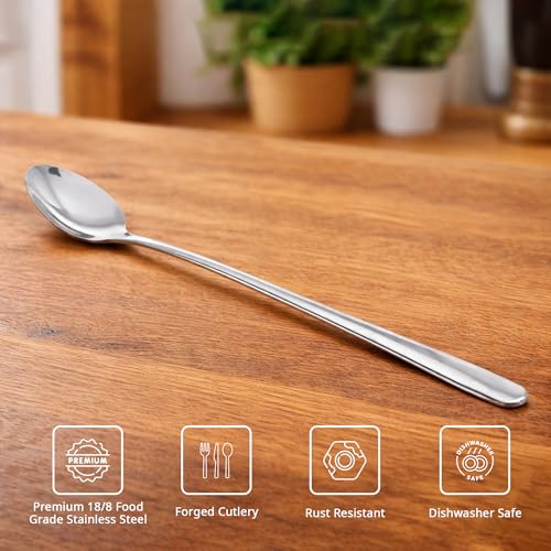 Image of Culinex 18 /8 Premium Stainless Steel 8.7 inch Long Handle Ice Tea Spoon Set of 2 - Extra Long Mixing & Stirring Spoons for Ice Cream, Cocktails, Tall Glass | Rust Resistant, Dishwasher Safe Cutlery