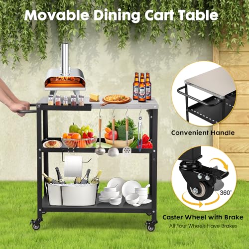 Image of Outdoor Grill Cart Table,Indoor and Outdoor Pizza Oven Table,with 4 Movable Total Lock Casters, Hooks, Side Handle Multifunctional (Black) (Stainless Steel)