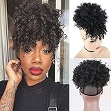 LEOSA Wig Afro Puff Drawstring Ponytail Bun with Bangs Heat Resistant Synthetic Short Kinky Curly Ponytail Updo Hair Extensions with Two Clips,Natural looking Curly Women Hairpieces (#1B-Black)