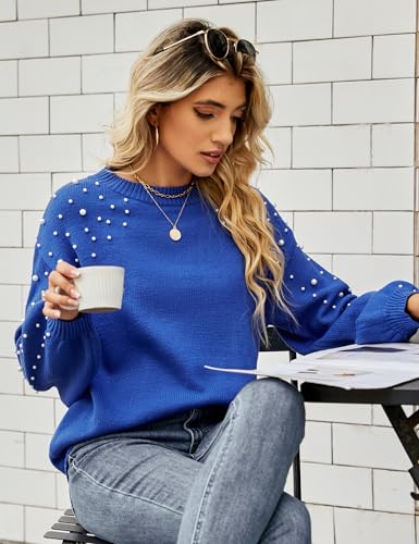 Image of Blooming Jelly Women's Chunky Sweater Crewneck Sweatshirt Knit Lantern Sleeve Oversized Pullover Sweater with Pearls