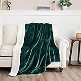 Picture of RYB HOME Green Sherpa Blanket Throw 90" x 90", Queen Size Super Soft Solid Reversible Velvet Blankets for Couch for Celebration Christmas, Hunter Green
