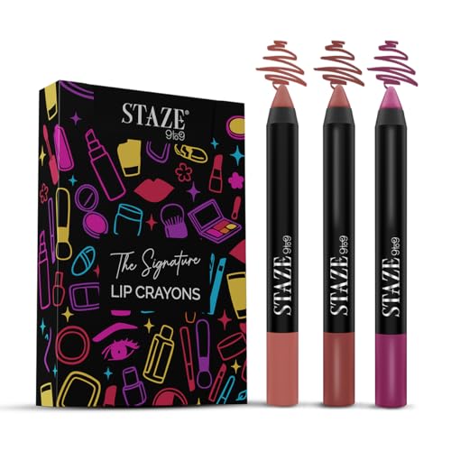Image of Staze Matte Lip Crayon Bestselling Lipstick Combo Set of 3 | 12 Hr Long Stay | Sharpenable Transferproof & Waterproof Lip Crayon | Vitamin E & Jojoba Oil | Best for Gifting | Nude, Brown & Wine Shades