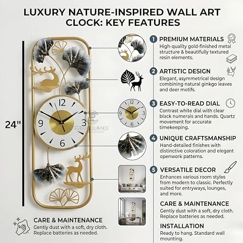 Image of Craft2lance 24-Inch Wall Clock Decor Art Sculpture for Home & Office | Modern Large Deer Metal Wall Clock for Living Room, Bedroom, Restaurant & Cafe | Stylish Decorative Timepiece (60 cm)
