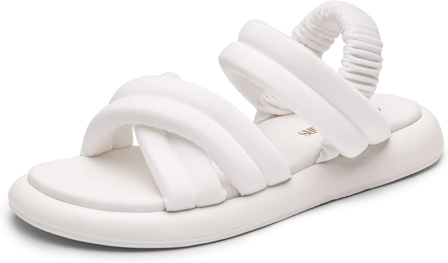 DREAM PAIRS Women's SDFS2334W Women's Strappy Flat Sandals Slip On Open Toe Comfot Slides for Summer White Size 9