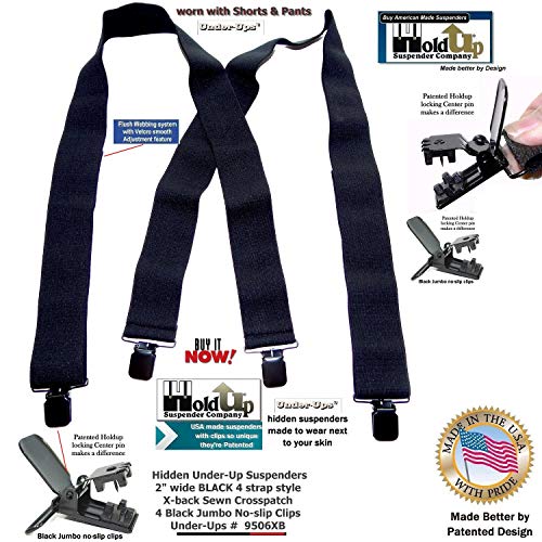 Holdup Brand 2\" Wide Black Undergarment Hidden Suspenders with/Patented Black No-slip Clips