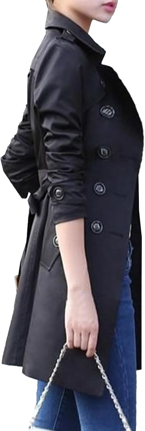 Women's Double Breasted Trench Coat Water Windbreaker Belted Lapel Overcoat
