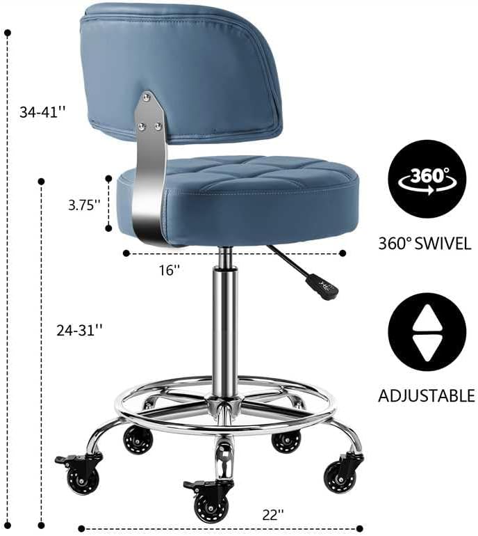 Lockable Stool with Back and Foot Rest Ergonomic Rolling Hydraulic Adjustable Stool for Doctor Esthetician Artist Home Small Office Desk (Blue, 24''-31'') thumbnail