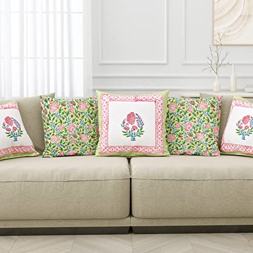 Image of BLOCKS OF INDIA Hand Block Printed Cotton Linen Cushion Cover (16 X 16 Inches) (Green Motifs), 250 TC