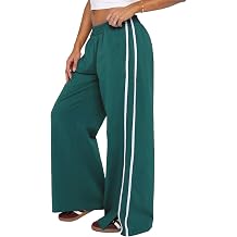 Womens Elasticated Waistband Side Pockets Double Stripe Split at Bottom Hem Wide Leg Pants