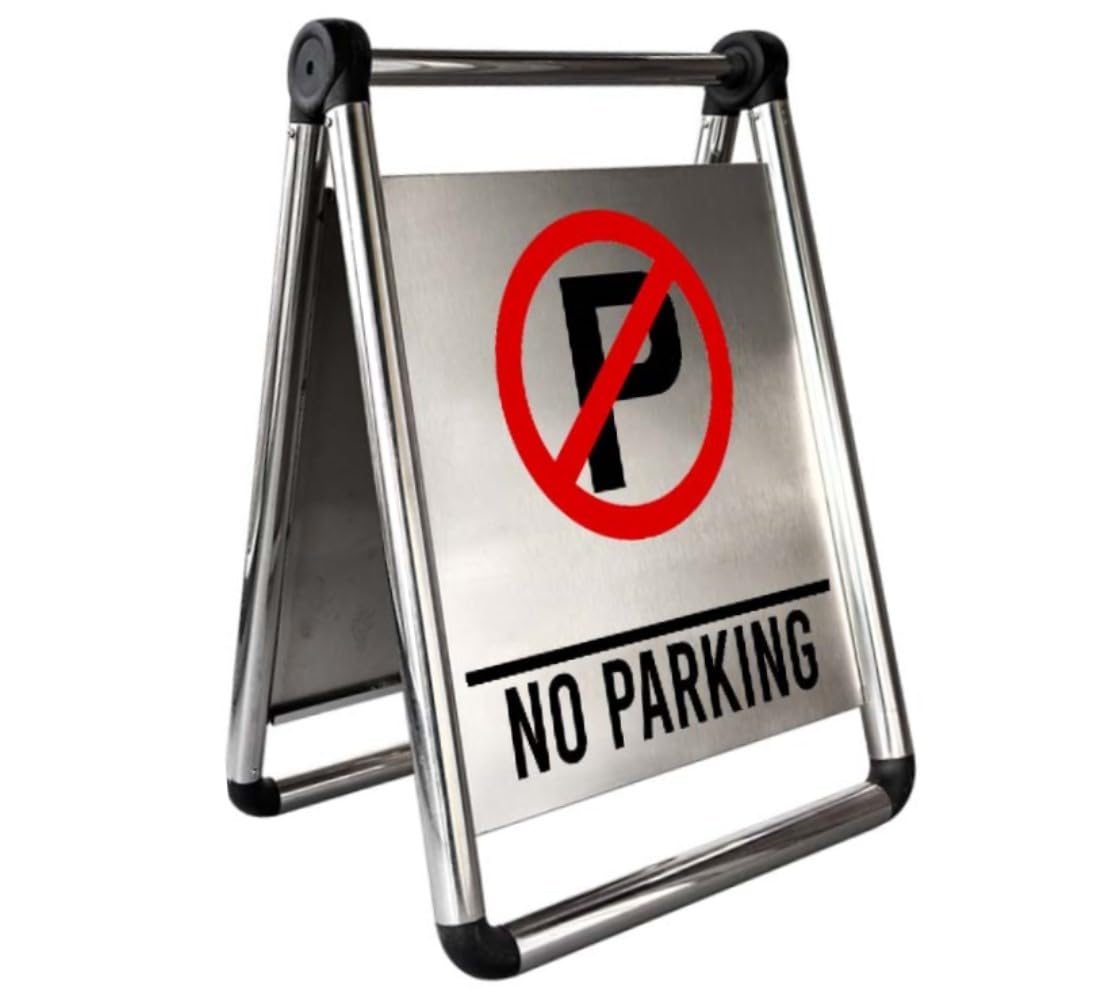 Berry Foldable Stainless Steel No Parking Sign | A-Frame Warning Board for Driveways, Garages, Parking Lots & Malls | Portable Metal No Parking Notice Stand for Outdoor Use