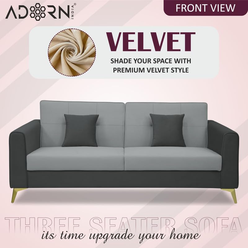 Image of Adorn India Premium Harlem 3 Seater Sofa | Velvet Suede Upholstery | 3-Year Warranty | Dark Grey & Grey with Gold Legs & Cushion