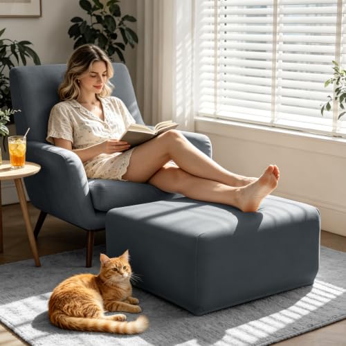 Image of YISUN Super Stretch Square Ottoman Cover - Soft Form Fit Ottoman Slipcover for Foot Stool & Folding Storage, Washable Furniture Protector with Non-Slip Elastic Bottom (L, Dark Grey)