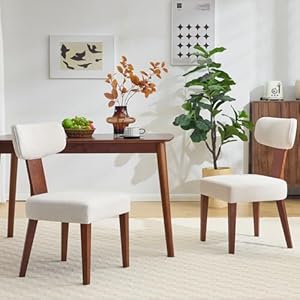 Dining Chairs Set of 2, Mid-Century Modern Upholstered Kitchen Chairs with Curved Backrest and Linen Fabric Seat, Wood Leg Accent Chairs for Dining Room, Living Room, Bedroom, Linen Beige