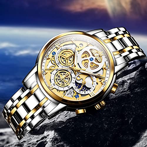 Image of OLEVS Skeleton Watch for Men Stainless Steel Chronograph Watch for Men Classic Waterproof Mens Watches with Date Luxury Business Men's Analog Wrist Watches, relojes para Hombres Blue /Black /Gold /White