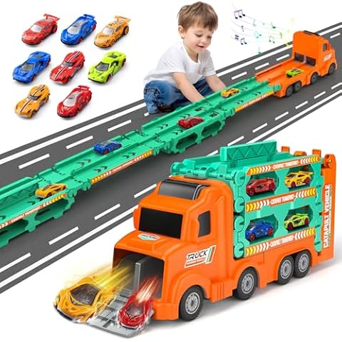 Carrier Truck Race Track Toddlers Toys, Foldable 3 Layer Car Race Track Playset, Toy Truck Transport Car Carrier & 8 Race Cars, Truck Car Kids Toys Xmas Gifts for Age 3 4 5 6+ Years Old Boys Girls Cover