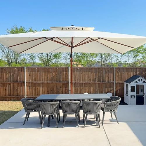 PURPLE LEAF Alu Holzoptik Ampelschirm Rechteckig 300 x 400 cm Rechteckig Sonnenschirm Groß 360° Drehbar Doppeldach Gartenschirm mit Kurbel Doppeldach, Cream