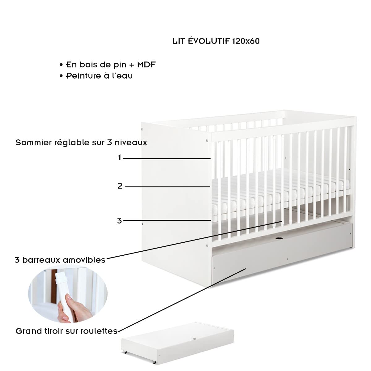 Mon Mobilier Design Dalia Ensemble Commode à Langer + lit bébé évolutif Blanc 120X60 + tiroir