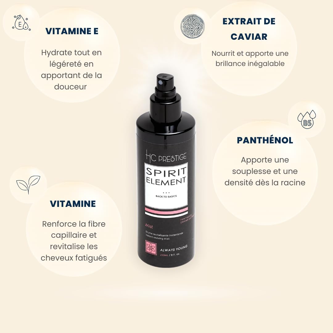 HC Prestige Mist Sans Rinçage Always Young - Effet Glossy - Hydratation Profonde & Brillance - Panthénol, Vitamine E & Caviar Marin - Formule Naturelle Silicone - Cheveux Ternes et Sec 230ML