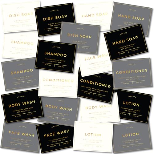 Verute Waterproof Labels for Amber Glass Soap Dispenser and Plastic Bottles 3.15x2.35 Peel & Stick - Kitchen Bathroom & Shower Set - 21 Pieces (Gold Set)