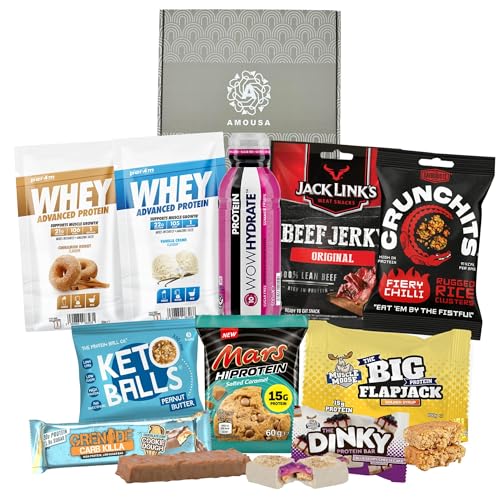Protein Hamper - This Protein Gift Set & Fitness Hamper includes 10x items. Gym Gifts for Men & Women. Mens Snacks Gift Set. Protein Gift Box.