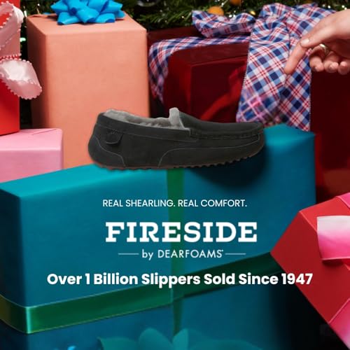 Image of Fireside By Dearfoams Men's Melbourne Genuine Shearling Moccasin Slippers, Memory Foam Sudede Loafers Slip-in House Shoes