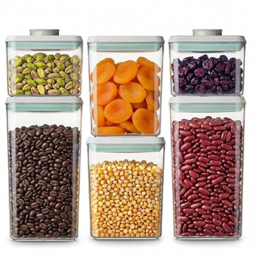 Pop Airtight Food Storage Containers Set with Lids, 6 Pcs Stackable One Button Opening Food Containers Kitchen Pantry Organization and Storage, BPA Free Stackable Cereal Container (0.5, 1.2, 1.8qt)*2
