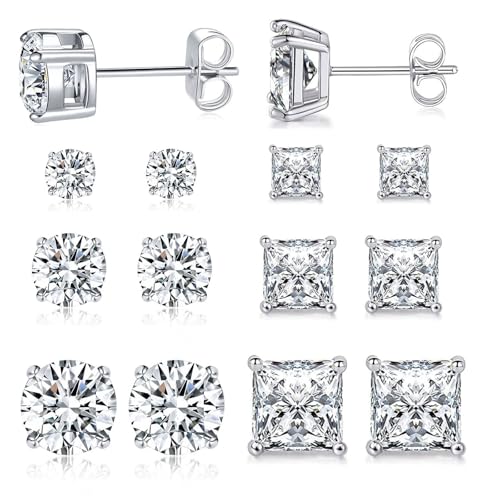 6 Pairs Earrings Set for Men 316L Stainless Steel 3/5/7mm CZ Round and Princess Square Ear Piercing...