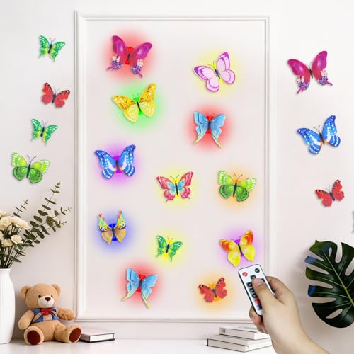 PChero 36 pegatinas de pared magnéticas 3D con diseño de mariposa, con 12 luces LED que cambian de color y temporizador de mando a distancia, para dormitorio, habitación infantil, pared, decoración