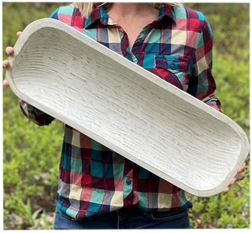 X-Large 23" White Dough Bowl, Hand-carved Mango Wood Tray, Rustic, Decorative, Hostess Gift, Farmhouse Decor, Lots of Uses Including: Decorative Dining Table Center Piece and Dough Bowl Candles
