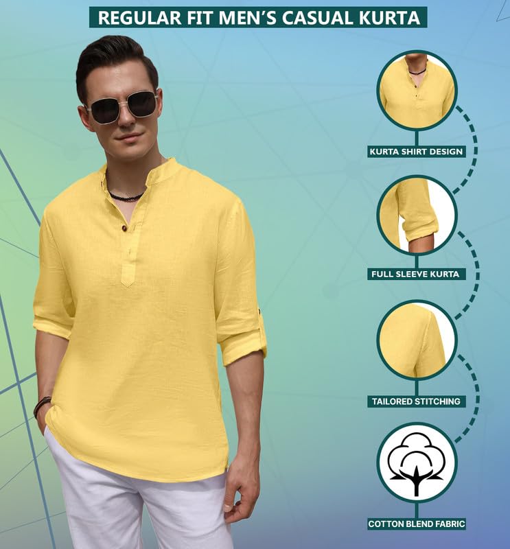 Image of ROYALSCOUT Men's Cotton Blend Casual Short Kurta Shirt with Notch Neck and Button Detail | Full Sleeve Straight Fit Lightweight Ethnic Top for Summer