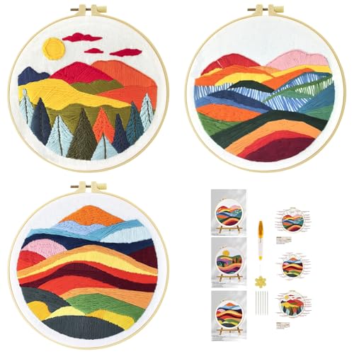 51buyoutgo 3pcs Kit Broderie Debutant Enfant Paysage, Kit Canvas Canevas et Broderie Point de Croix Débutant Complet Pré Imprimé Compté Moderne avec Fils Embroidery Set Adulte Moderne Facile Easy