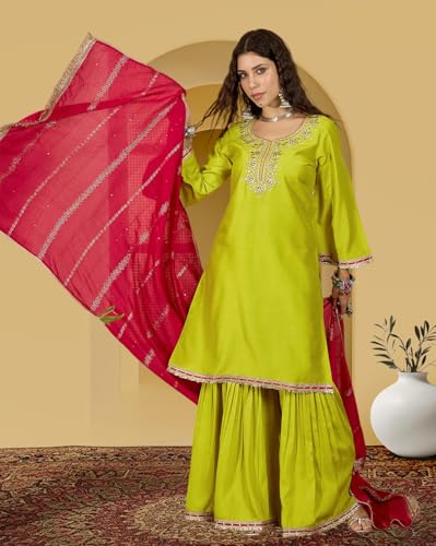 Image of Amazon Brand - Tavasya Women Silk Blend Zari Sequence and Thread Embroidered Kurta with Sharara Set |Ethnic Wear