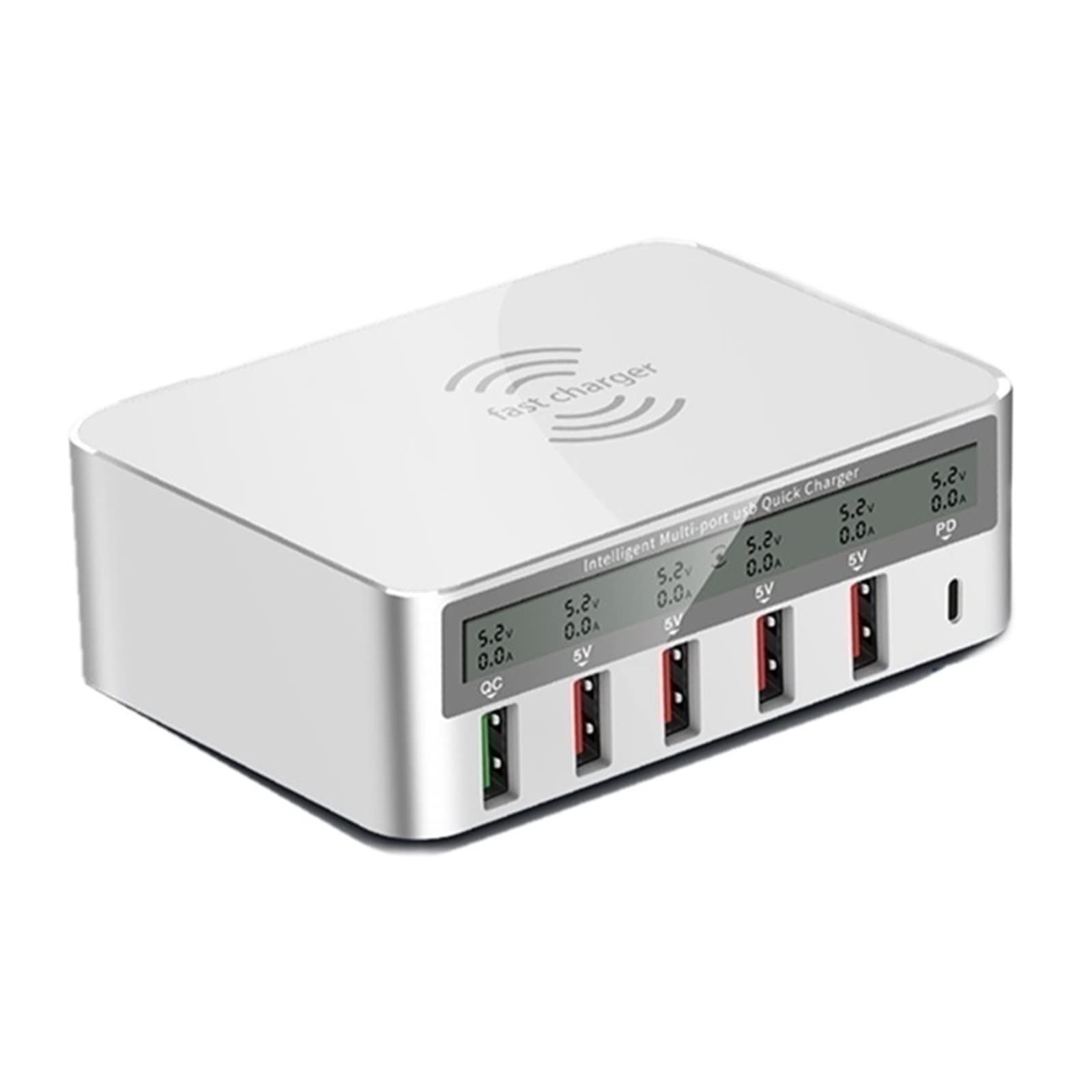 Stazione di Ricarica USB, Caricabatterie rapido Multi USB da 100 W Caricabatterie Wireless LCD PD 20 W QC 3.0 Compatibilità più Sicura E Universale (Color : White, Size : 100W PD Edition)
