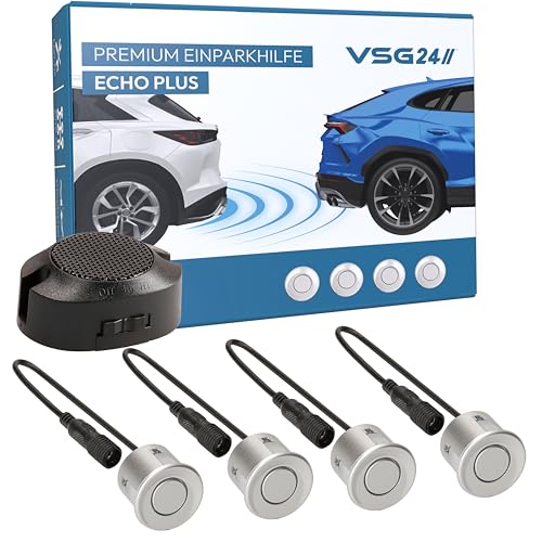 VSG24 Premium Einparkhilfe hinten zum nachrüsten am Auto, PDC Parksensoren hinten mit Stecksystem für einfachste Montage Rückfahrwarner mit Lautsprecher & 4 Sensoren Parkhilfe Nachrüstsatz Silber