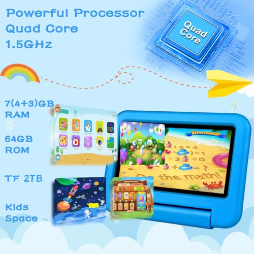 Image of Oangcc 7 Inch Tablet Android 13 Tablets, Wi-Fi 6, BT 5.0, 7GB RAM+ 64GB ROM (TF 2TB) | 3500mAh | 1024 x 600 Pixels | EVA Proof Case (Blue)