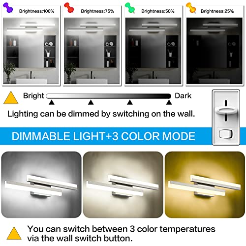 Image of PRESDE 24 Inch LED Vanity Light Brushed Nickel Bathroom Light Fixtures Over Mirror Modern Bath Wall Lighting Bar 3CCT
