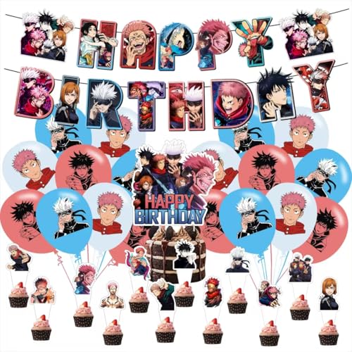 Cartoon For Jujutsu Manga Kaisen Birthday Party Supplies Set Birthday Decorations Set Include Banner Balloons Hanging Swirls Cake Cupcake Toppers for Boys Girls Party.